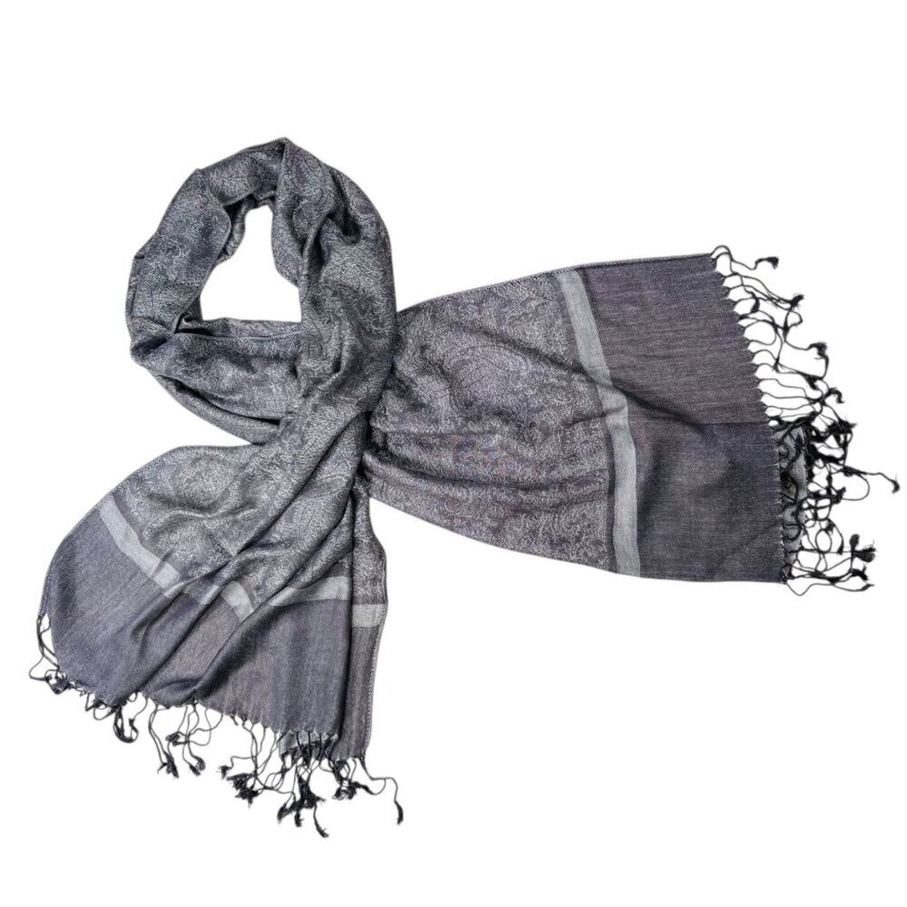 Pashmina Scarf Shawl Gray Wrap Cover Up OS Fringe Paisley Print